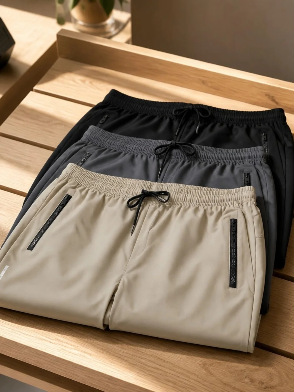 Men's Casual Drawstring Long Shorts in Beige, Gray, and Black